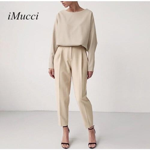 IMucci Khaki Outfits For Women 2020 Autumn O-Neck Long Sleeve Fashion Office Ladies Solid 2piece Sets Pleated Woman Clothing