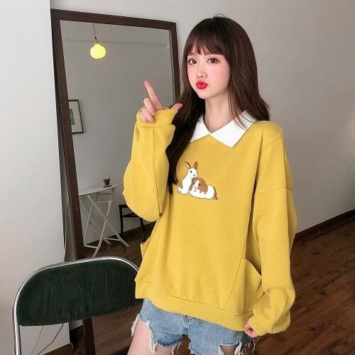 Kawaii Rabbit and Guinea Pig Printed Pullover Sweatshirt Cotton Long Sleeve Hooded Harajuku Casual Losse Clothing Chic Pink Tops