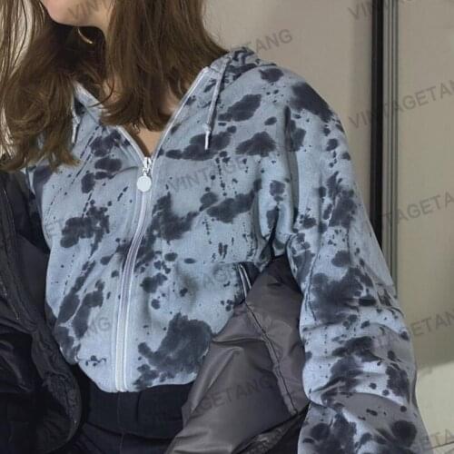 B-TOTO 2021 New American Retro Blue-gray Tie-dye Hooded Sweater Zipper Jacket Womens Trendy Ins Cardigan