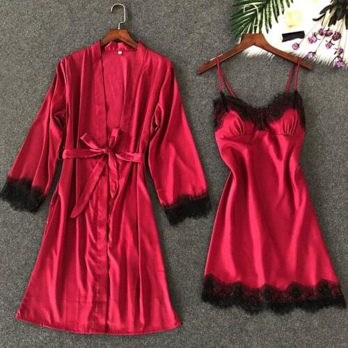 Red Sexy Rayon Women 2PCS Robe&Nighty Set Lace Flower Bra Staghetti Strap Backless Sleepwear Night Gown With Belt Home Wear