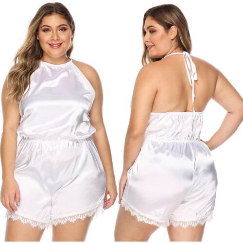 Summer Plus Size Short-sleeved Homewear Sexy Lace Halter Neck Straps Backless Women Jumpsuit Shorts Large -40