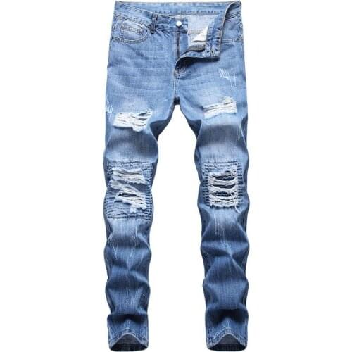 2021 spring and spring mens ripped street punk stretch ripped bike jeans, straight denim