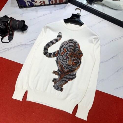 2021 Hot Fashion Oversized Mens Sweater Rhinestone Shiny Big Tiger Pullover Luxury Brand Personality