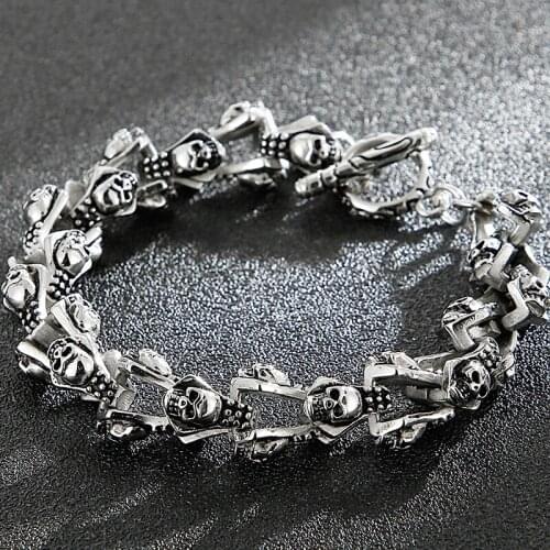 Goth Titanium Skeleton Skull Bracelet Men Cast Metal Stainless Steel Mens On Hand Chain Jewellery Mannen Armband Halloween Gift