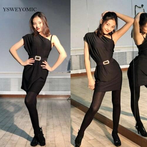 Soft Cotton Latin Dance Practice Dress Women Short Training Black Dance Latin Salsa Training Dress With Belt