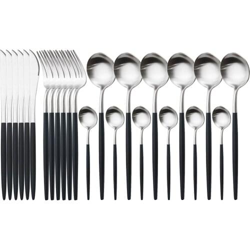304 Stainless Steel Dinnerware Set 24Pcs Black Silver Cutlery Set Western Knives Fork Spoon Tableware Set Kitchen Silverware Set