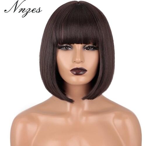 NNZES Short Straight Dark Brown Wig with Bangs Synthetic Wigs for Women Black Red Pink Blonde Color Natural Looking Wigs
