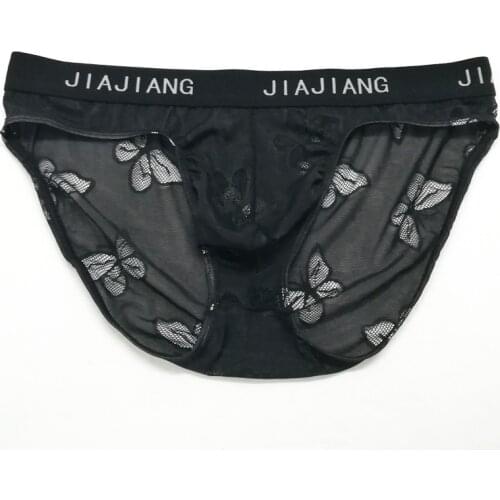 2020 New Mens Underwear Lace Butterfly Low Waist Sexy Perspective Mesh Exotic Jockstraps Men Transparent Bag Briefs