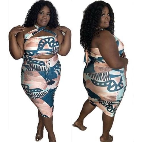 Wholesale Plus Size Shirts Sets Two Piece Women Clothing Sexy Sleeveless Halter Printing Bandage New Matching Suit Dropshipping
