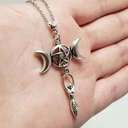 Triple Moon Goddess Necklace, Gothic Pentagram Pendant Necklace, Wiccan Jewelry Hecate Necklace Womens Amulet Jewelry Gift