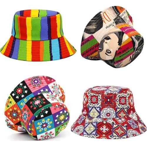2021 Summer Rainbow Stripe Bucket Hats For Women Floral Outdoor Travel Sun Hat Sun protection Fisherman Cap Men Female Panama