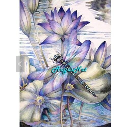 Full square diamond painting dragonfly wall art lotus decoration flower diamond dots 5d diy diamond cross stitch mosaic picture