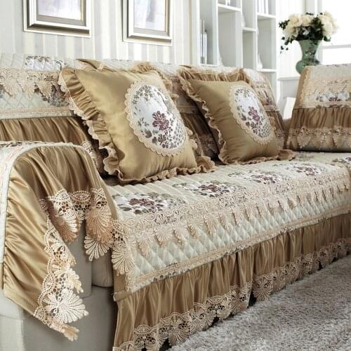 European Luxury Cotton Linen Sofa Cover Champagne Embroidered Jacquard Sofa Towel Cushion Slipcover Exquisite Lace Sofa Set B2