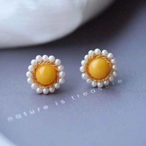 Natural Hetian Jade Pearl Flower Canary Stone Stud Earrings Inlaid S925 Sterling Silver SUNFLOWER Earrings Simple and Compact Wo