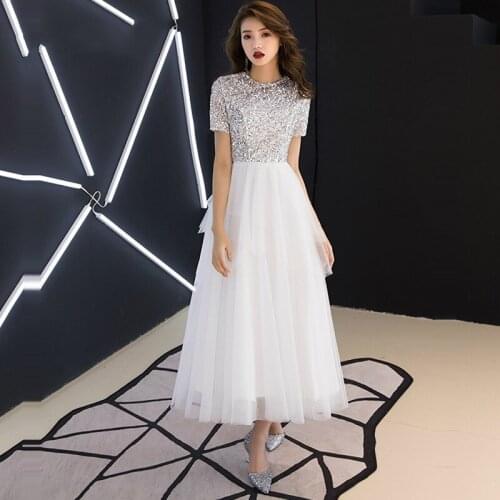 Crepe Prom Dress Sequined O-Neck Evening Party Dress Plus Size Short Sleeve A- Line Zipper