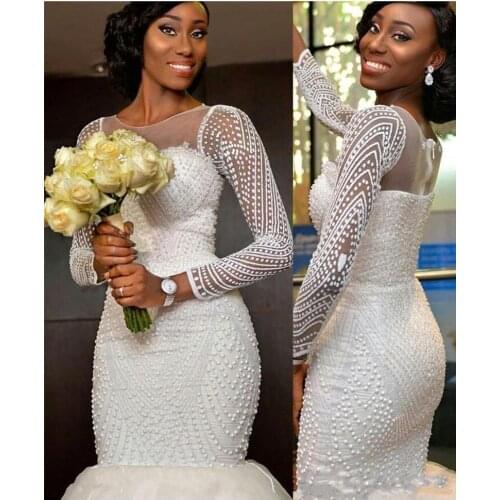 African Nigeria Mermaid Wedding Dresses Sheer Jewel Neck Long Sleeves Crystal Beaded Pearls Sweep Custom Formal Bridal Gown