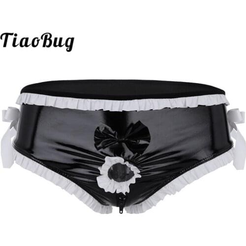 TiaoBug Mens Lingerie Shiny Faux Leather Open Front Penis Ring Ruffle Bowknot Zipper Crotch Bikini Briefs Hot Sissy Underwear