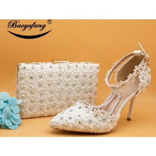 BaoYaFang 9cm Thin Heel Ankle strap shoes woman Pearl white folwer wedding shoes and bags Pointed Toe Ladies Party dress shoe