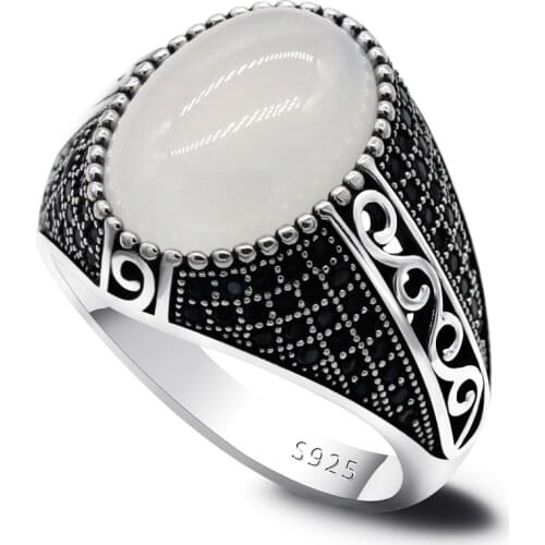 Turkey Jewelry Stripe Men Ring Real 925 Sterling Silver Men Women Ring Natural Agate Stone Retro Vintage Fashion CZ Stone Signet