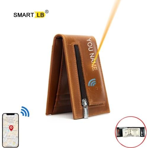 Free Engraving Smart Bluetooth Genuine Leather slim Man Wallet RFID Blocking Small Wallets Zipper Coin purse Thin Card Holder