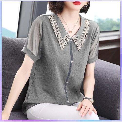5XL Plus Size Cotton T-shirt Women Tee Shirt Blusas Doll Collar Summer Casual Short-Sleeve Oversized Tops Tunic Large Size Top
