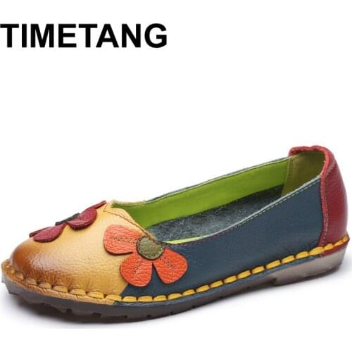 TIMETANG Summer Autumn Fashion Flower Design Round Toe Mix Color Flat Shoes Vintage Genuine Leather Women Flats Girl Loafer