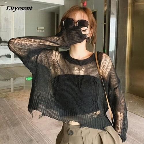 Black White Gothic Thin Women Pullover Loose Sweater 2021 Lady Hollow Out Hole Broken Streetwear Stretch Split Knit Short Top