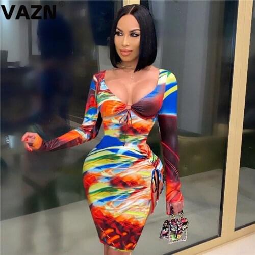 VAZN 2020 Hot Hollow Out Special Parity Sexy Club Retro Deep V-Neck Full Sleeve Women High Waist Midi Dress