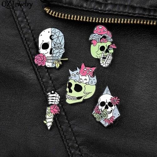 1pc Punk Rose Skull Enamel Pin Gothic Exaggeration Mushroom Skeleton Badge Brooch Lapel Pins Shirt Backpack Decor Jewelry Gifts