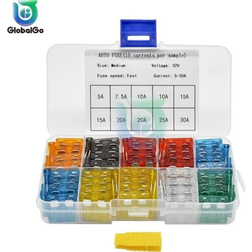 100pcs/Lot Auto Car Fuse Medium Size Blade Fuse 2A 3A 5A 7.5A 10A 15A 20A 25A 30A 35A Fuses Set 15A Plastic Box