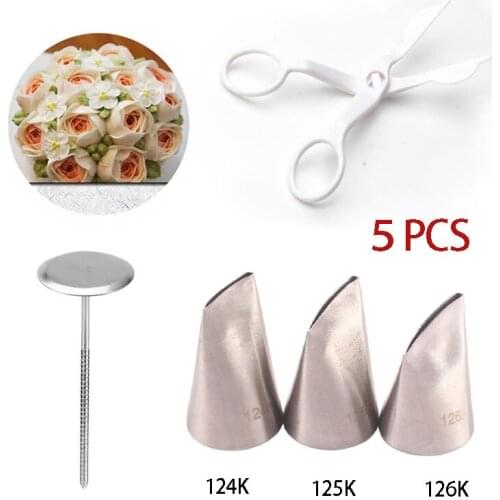 5Pcs 124K#125K#126K Rose Nozzle +Flower Scissor+Cake Tray Fondant Cake Decorating Cream Transfer Icing Piping Tips Baking Tool