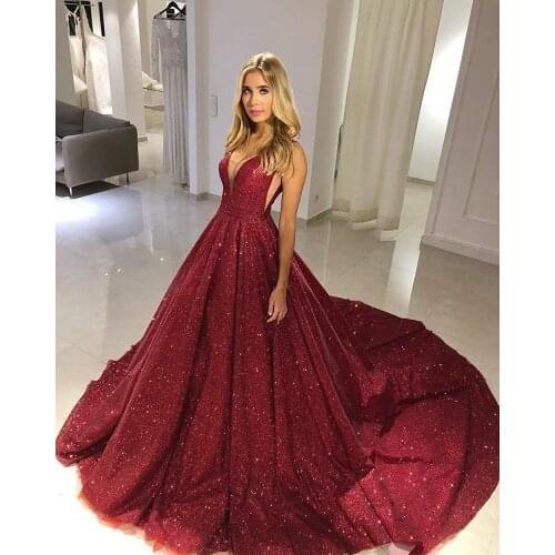 Glittering Gold Sequin Evening Dresses 2020 Backless Evening Party Gowns V-neck Sparkle Burgundy Ball Gown Prom Dress