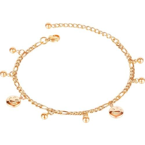 Rose Gold Stainless Steel Smiley Bead Round Women Anklets Charms Beach Girl Foot Jewelry Ankle Bracelet Chain Anklets Wholesale