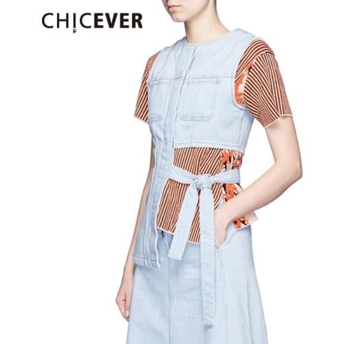 CHICEVER Solid Blue Womens Vest O Neck Sleeveless Hollow Out Patchwork Lace Up Plus Size Casual Denim Vests Female 2021 Clothes