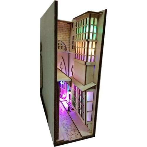 DIY KIY Diagon Alley Wooden Book Nook Art Bookends Removable Alley Booknook Handmade Book Decoration LED Bookshelf Birthday Gift