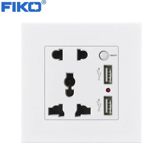 FIKO 13A universal two USB 5pin multi-function socket with switch , 86mm*86mm family hotel USB 5V 2100mA White PC panel socket