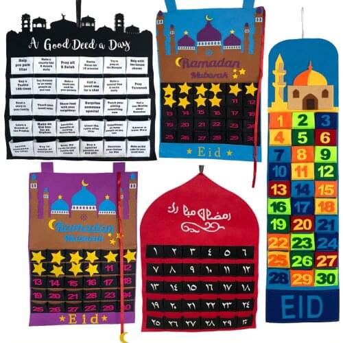 2021 Ramadan Mubarak 30days Advent Calendar Hanging Craft Felt Countdown Calendar for Ramadan Decorations Kids Eid Mubarak Gifts