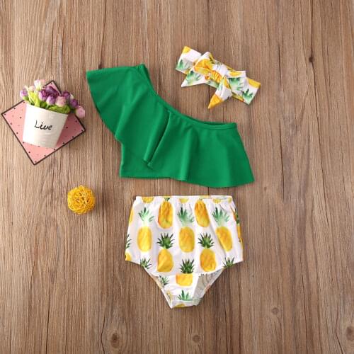 3Pcs Bikini Set Toddler Baby Girls Pineapple Print Swimsuit Infant Off Shoulder Ruffle Top+Briefs+Headband Swimwear Bathing Suit