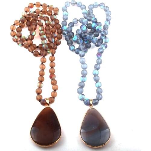 MOODPC Fashion Bohemian Jewelry Shiny Crystal Long Knotted Stone Drop Pendant Necklaces For Ethnic Necklace