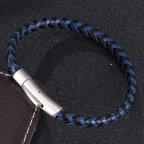 Fashion Genuine Leather Bracelet for Women Men Punk Golden Stainless Steel Magnetic Clasp Bangle Blue Black Rope Chain Jewelry