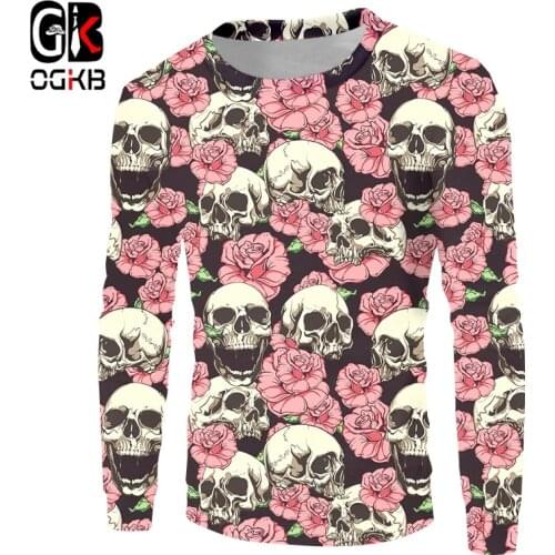 OGKB 3D Male Sweatshirts Mens Skull Full Print Pink Flowers Long Sleeves Shirt Fashion Tracksuits Streetwear Harajuku Pullover