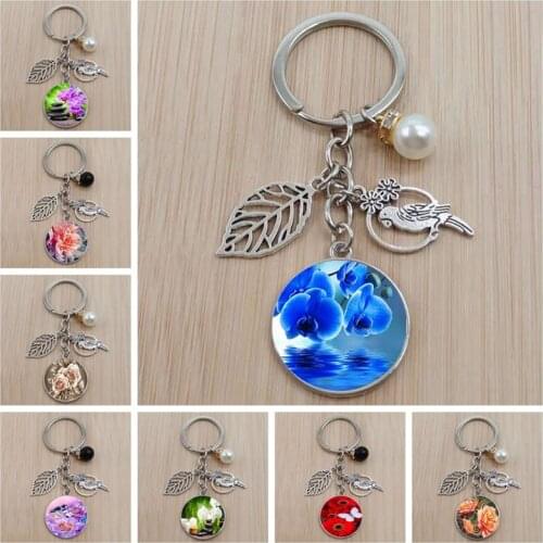Creative new flowerpot bird photo keychain convex glass pendant keychain men and women car bag jewelry gift
