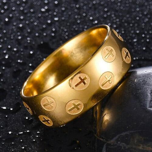 Wholesale 36pcs Gold Mens Etch Cross Stainless Steel Band Rings Jewelry MixMax