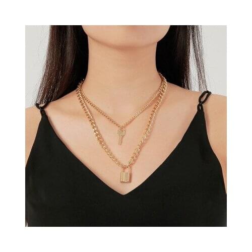 Hot exaggerated thick chain double-layer necklace hip-hop street beat lock key metal pendant necklace accessories wholesale