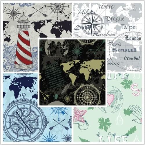 Polyester satin fabric dress custom thin stretch digital printing world nautical pattern DIY clothes shirt swimsuit fabric VV1