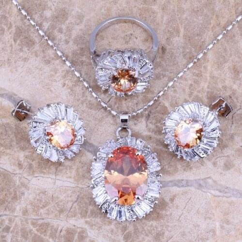 Morganite White CZ Silver Plated Jewelry Sets Earrings Pendant Ring Size 6 / 7 / 8 / 9 / 10 S0091