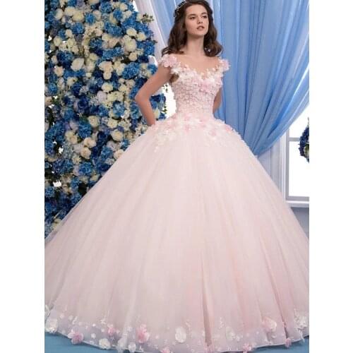 Pink Quinceanera Dresses Ball Gown Off The Shoulder Tulle Appliques Flowers Puffy Cheap Sweet 16 Dresses