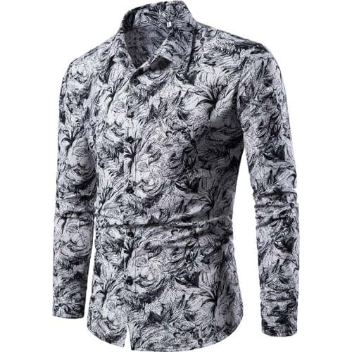 New Men Shirt Spring Autumn Flowers Print Casual Long Sleeve Shirt Men Single Breasted Slim Fit Mens Shirts M-4XL Camisa Hombre