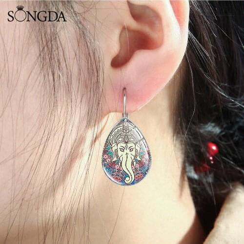Boho Crystal Ganesha Elephant Teardrop Earrings India Ethnic Jewelry Glass Cabochon Mandala Design Drop Earring for Women