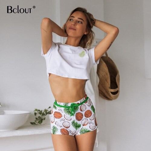 Bclout Shorts And T Shirt Short Sleeve Two Piece Sets Women Sexy Suphis Coconut Print Pyjamas Sleepwear O Neck Lace Up Nightwear